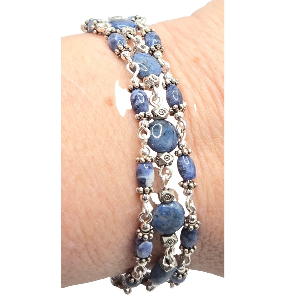 Blue Dumortierite Three Strand Beaded Bracelet Silver Tone Adjustable Boho Style